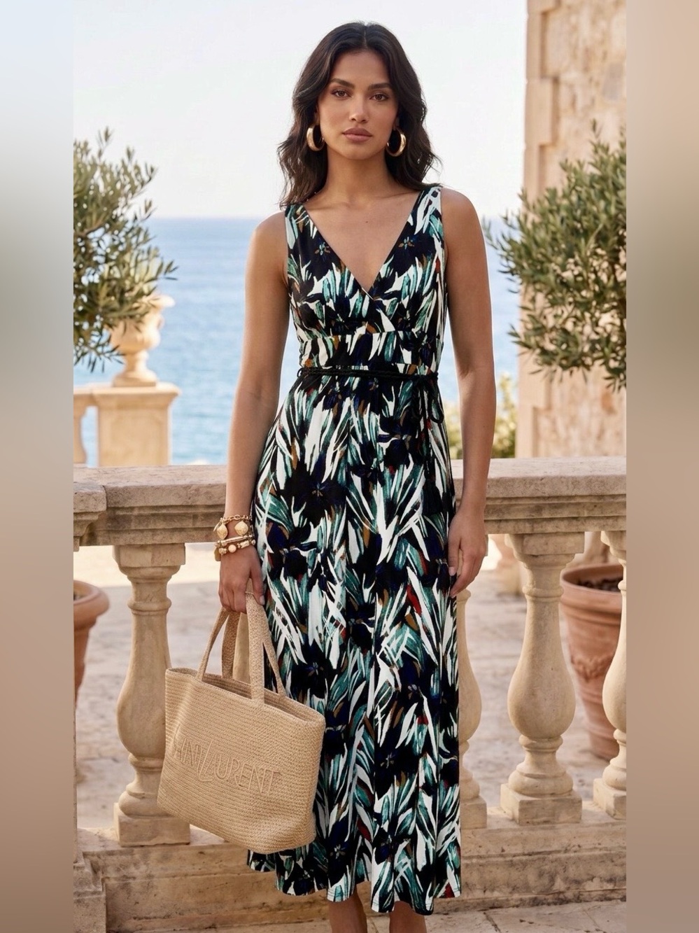 NICOLE MILLER New York V‑Neck Botanical Print Maxi Dress / Sz. S